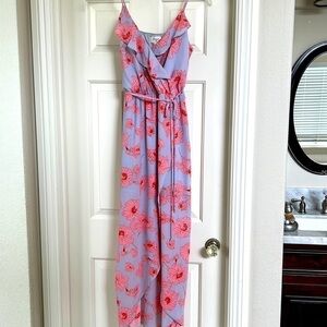 Women’s tropical print lavender and pink high low wrap style dress. NWT Size M.